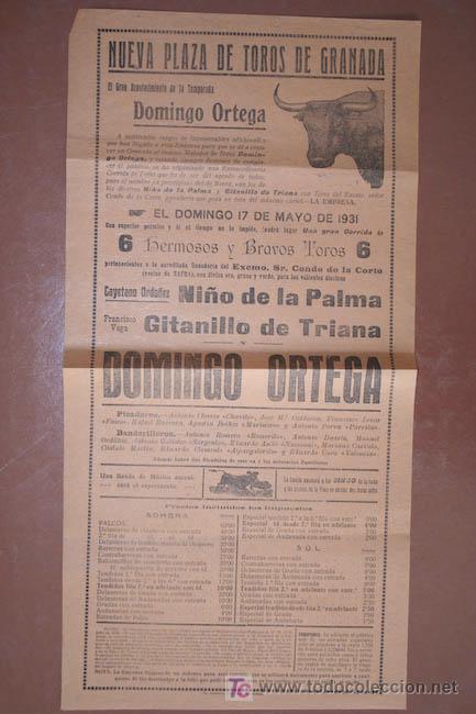 Carteles Toros: Cartel de toros de Granada.17 de mayo de 1931.Ni&ntilde;o de la Palma, Gitanillo de Triana y Domingo Ortega