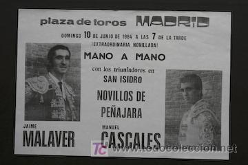 Affiches Tauromachie: Cartel de toros de Madrid. 10 de junio de 1984. Jaime Malaver y Manuel Cascales.