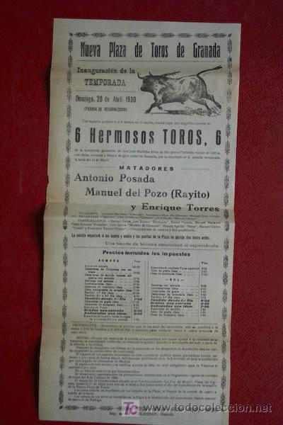 Carteles Toros: Cartel de toros de Granada. 20 de abril de 1930. Antonio Posada, (Rayito) y Enrique Torres.