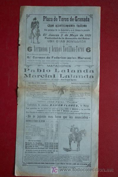 Carteles Toros: Cartel de toros de Granada. 5 de mayo de 1921.  Pablo Lalanda y Marcial Lalanda.