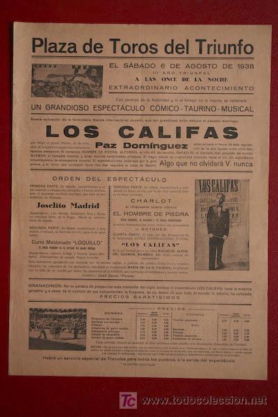 Carteles Toros: Cartel de toros de Granada. 6 de agosto de 1938. Joselito Madrid y Curro Maldonado Loquillo.