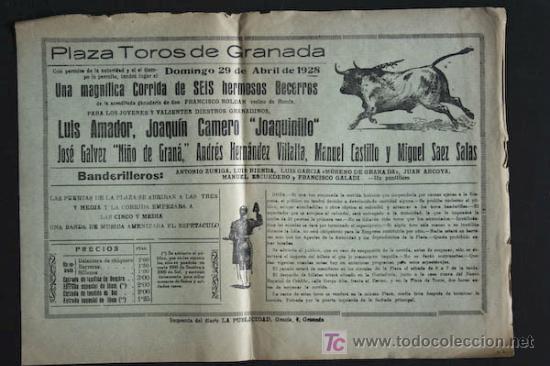 Cartazes Touros: Cartel de toros de Granada. 29 de abril de 1928. Luis Amador, Joaquinillo, Ni&ntilde;o de Gran&aacute;.