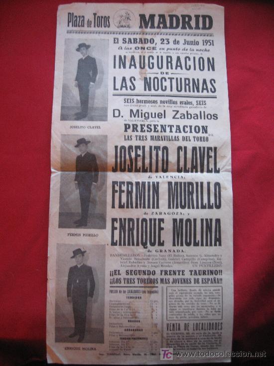 Cartazes Touros: ANTIGUO CARTEL CORRIDAS DE TOROS - INAUGARACION DE LAS NOCTURNAS - 1951 - 21CM X 44CM