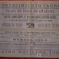 Carteles Toros: CARTEL DE TOROS DE GRANADA. 14 DE AGOSTO DE 1898. JUAN LARA LARITA Y FRANCISCO LASTRA BOABDIL. 