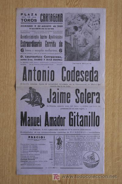 Cartazes Touros: Cartel de toros de Cartagena. 9 de agosto de 1959.