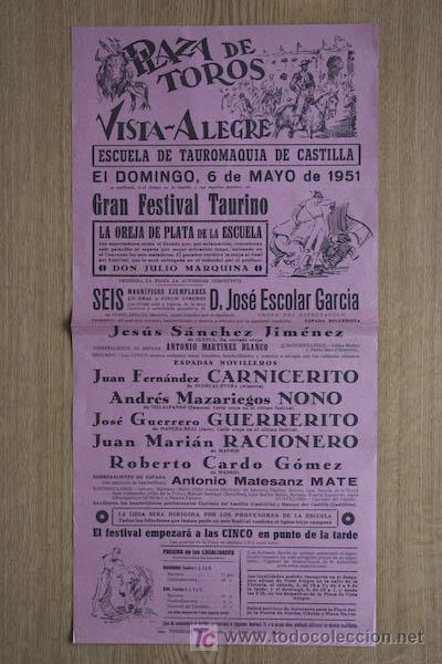 Carteles Toros: Cartel de toros de Vista-Alegre. Madrid. 6 de mayo de 1951. Carnicerito, Nono y Guerrerito.