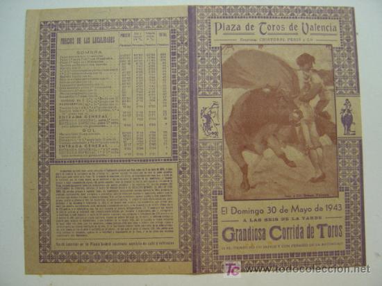 Carteles toros: PROGRAMA DE TOROS - VALENCIA - MAYO DE 1943 - ILUSTR.; RUANO LLOPIS - Foto 1