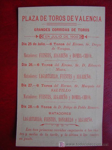 Carteles toros: PROGRAMA-CROMO DE TOROS - VALENCIA - JULIO DE 1900 - TORERO: BONARILLO - Foto 2