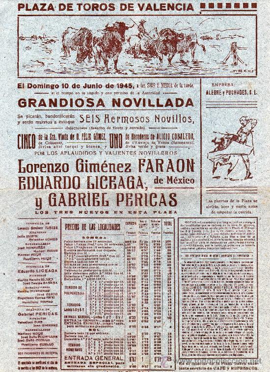 Carteles toros: cartel de toros de valencia 1945 - Foto 1