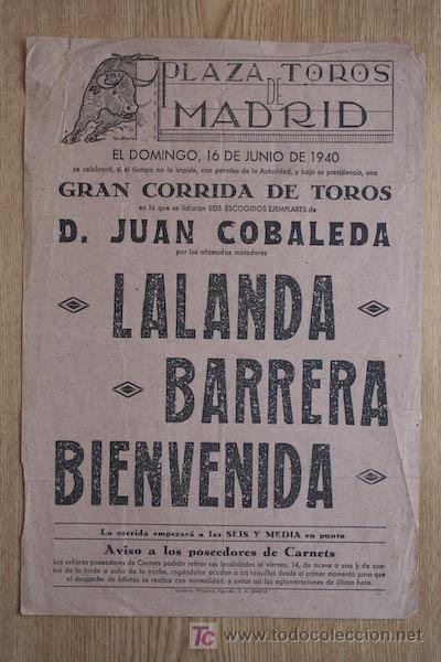 Carteles toros: Cartel de toros de Madrid. 1940. - Foto 1
