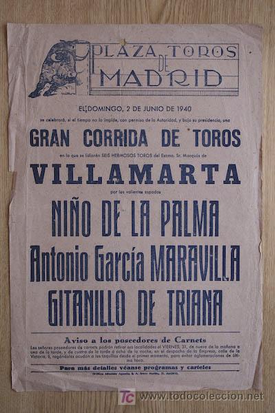 Carteles Toros: Cartel de toros de Madrid. 1940.