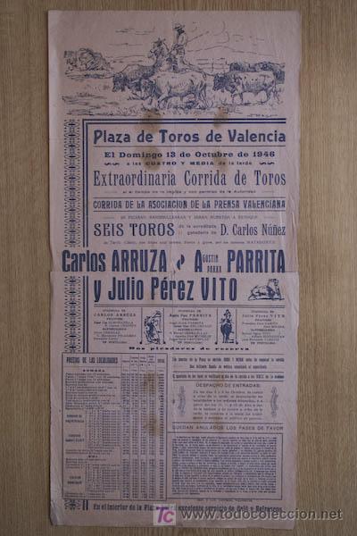 Carteles Toros: Cartel de toros de Valencia. 1946.