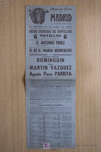 Carteles Toros: Cartel de toros de Madrid. 1944.