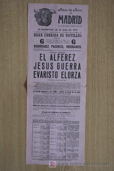 Carteles Toros: Cartel de toros de Madrid. 1945.