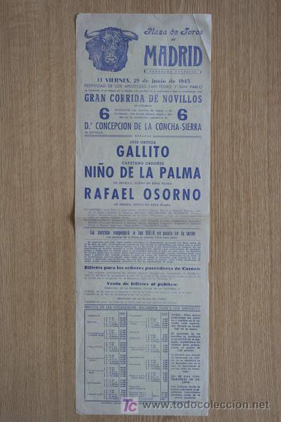 Carteles Toros: Cartel de toros de Madrid. 1945.