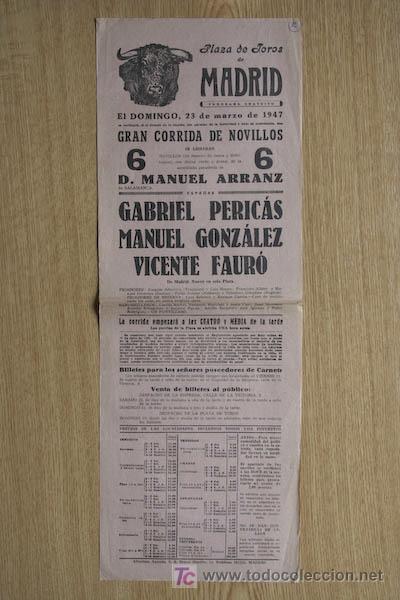 Carteles Toros: Cartel de toros de Madrid. 1947.