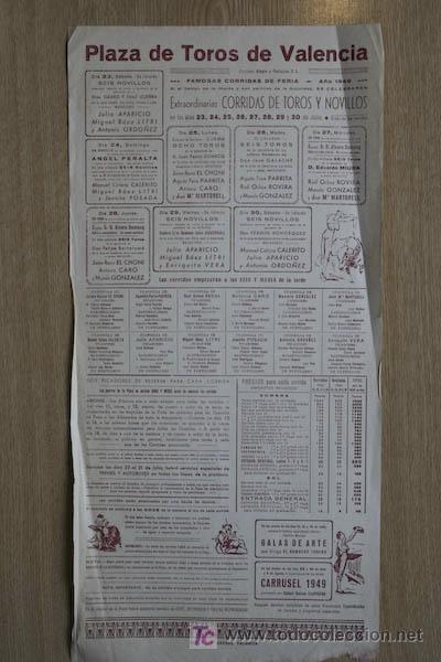 Carteles Toros: Cartel de toros de Valencia. 1949.
