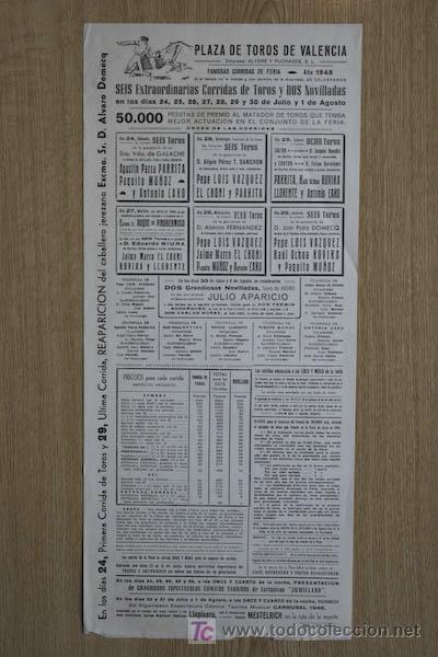 Carteles Toros: Cartel de toros de Valencia. 1948.