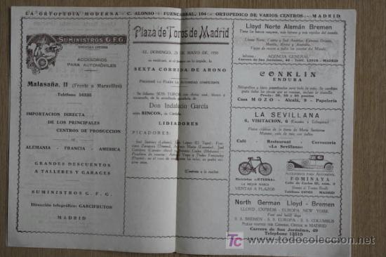 Plakate Stiere: Programa de toros de Madrid. 1930.