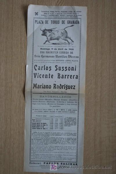 Affiches Tauromachie: Cartel de toros de Granada.11 de abril de 1926. Carlos Sussoni, Vicente Barrera y Mariano Rodr&iacute;guez.
