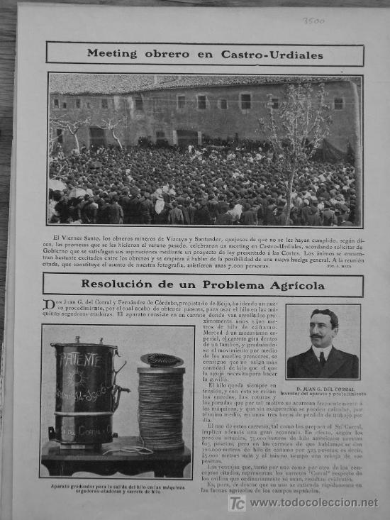 Cartazes Touros: RECORTE DE PRENSA 1907 - MEETING OBRERO EN CASTRO-URDIALES (CANTABRIA) - D. JUAN G. DEL CORRAL