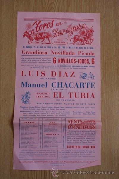 Carteles toros: Cartel de toros de Zaragoza. 1954. - Foto 1