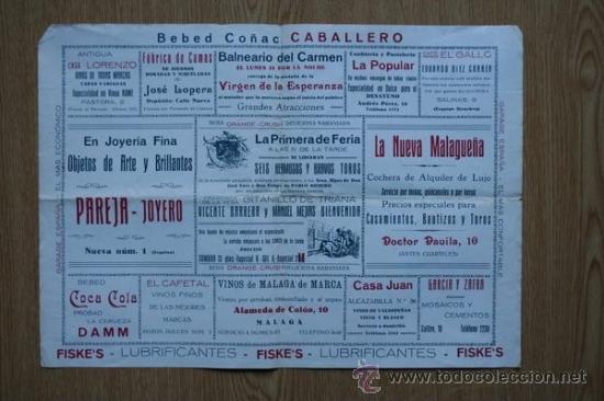 Carteles toros: programa de toros de mano de M&aacute;laga.  1930. - Foto 1