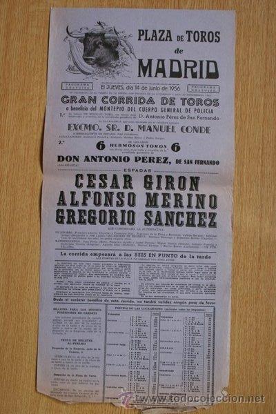 Carteles Toros: Cartel de toros de Madrid. 1956.