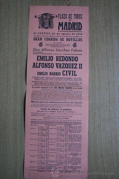 Carteles Toros: Cartel de toros de Madrid. 1958.