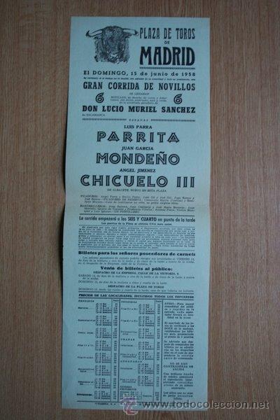 Carteles Toros: Cartel de toros de Madrid. 1958.