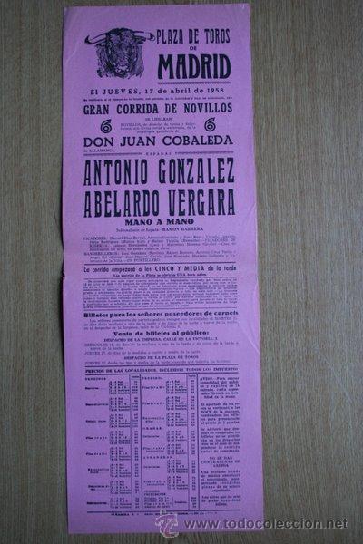 Carteles Toros: Cartel de toros de Madrid. 1958.