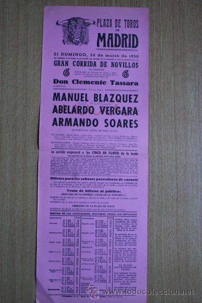 Carteles Toros: Cartel de toros de Madrid. 1958.
