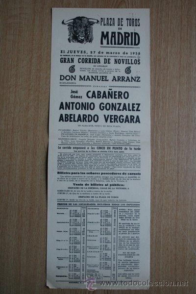 Carteles Toros: Cartel de toros de Madrid. 1958.