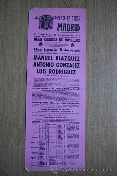 Carteles Toros: Cartel de toros de Madrid. 1958.