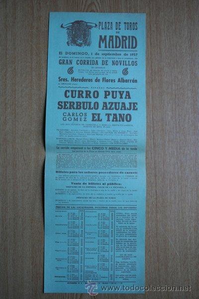 Carteles Toros: Cartel de toros de Madrid. 1957.