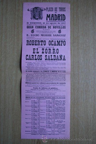 Carteles Toros: Cartel de toros de Madrid. 1957.
