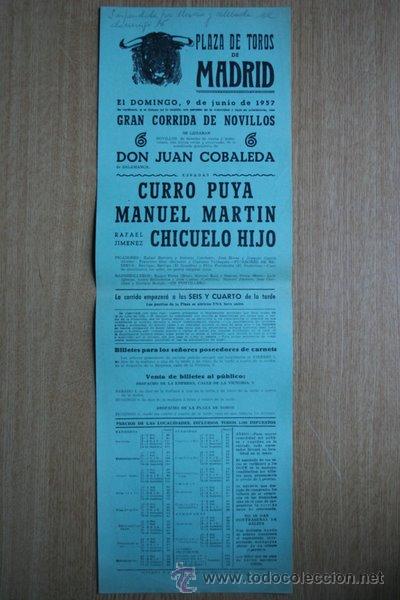 Carteles Toros: Cartel de toros de Madrid. 1957.