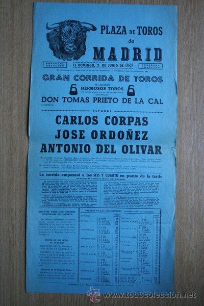 Carteles Toros: Cartel de toros de Madrid. 1957.