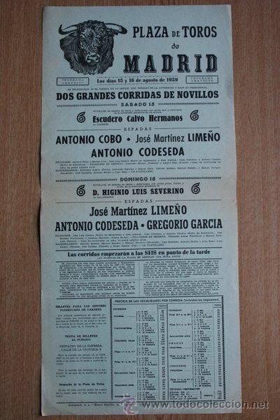 Carteles Toros: Cartel de toros de Madrid. 1959.