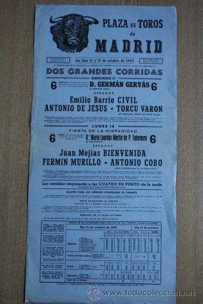Carteles Toros: Cartel de toros de Madrid. 1959.