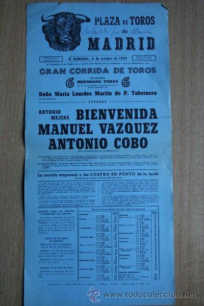 Carteles Toros: Cartel de toros de Madrid. 1959.