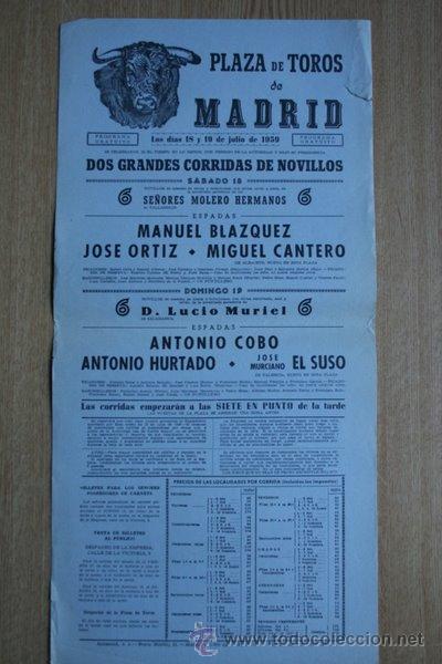 Carteles Toros: Cartel de toros de Madrid. 1959.