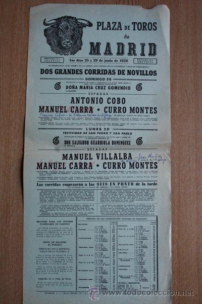Carteles Toros: Cartel de toros de Madrid. 1959.