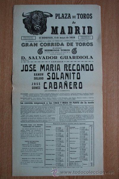 Carteles Toros: Cartel de toros de Madrid. 1959.