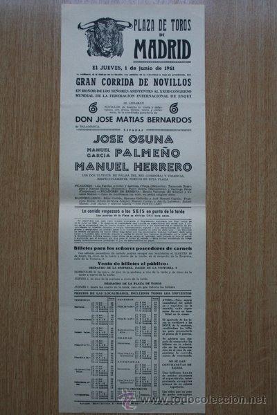 Carteles Toros: Cartel de toros de Madrid. 1961.