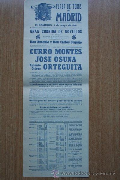 Carteles Toros: Cartel de toros de Madrid. 1961.