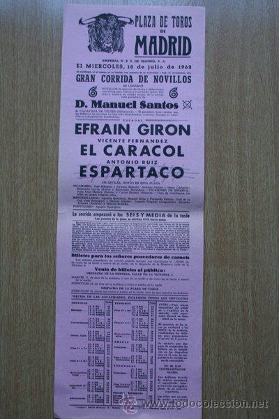 Carteles Toros: Cartel de toros de Madrid. 1962.