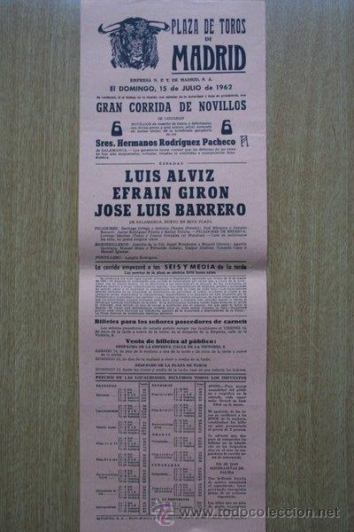 Carteles Toros: Cartel de toros de Madrid. 1962.
