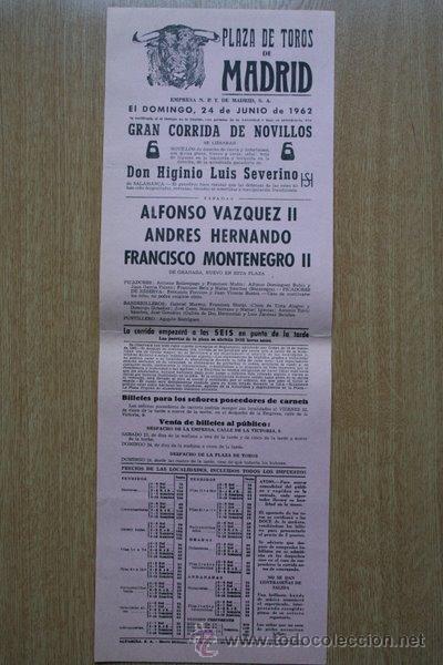 Carteles Toros: Cartel de toros de Madrid. 1962.