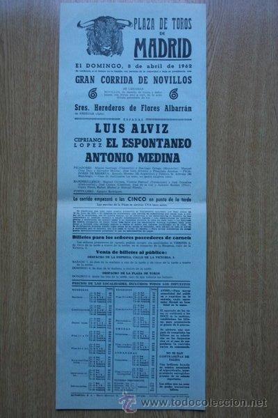 Carteles Toros: Cartel de toros de Madrid. 1962.